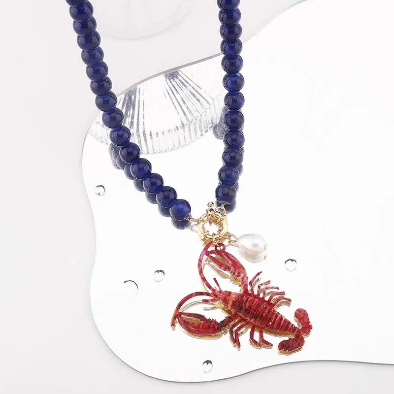 Exaggerated Lobster Beaded Choker Necklaces for Women Bohemia Blue Handmade Beads Necklaces Animal Beach Jewelry Accessories