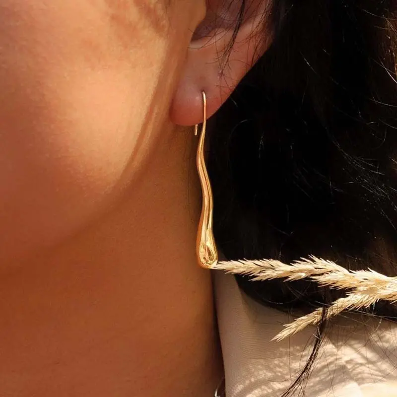Stainless Steel Gold Color Waterdrop Ear Hook for Women Simple Metal Irregular Smooth Water Drop Dangle Earrings Jewelry Gifts