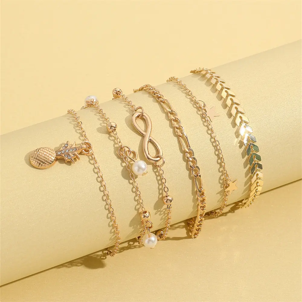 5Pcs Retro Multilayer Tassel Anklet Set for Women Variety Pearls Pentagram Pineapples Geometric Feet Chain Beach Fashion Jewelry