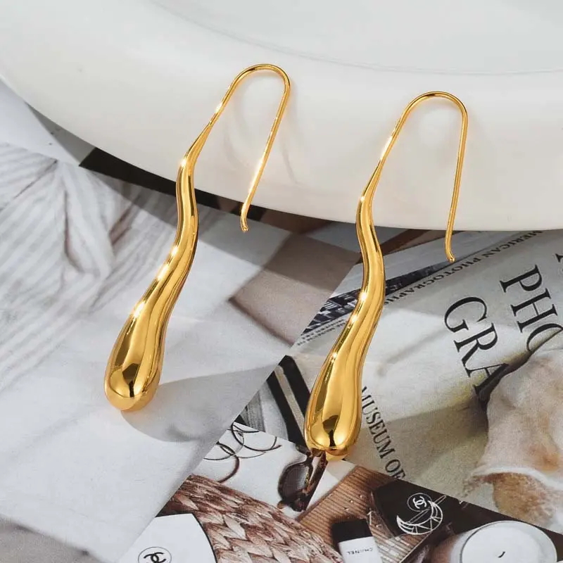 Stainless Steel Gold Color Waterdrop Ear Hook for Women Simple Metal Irregular Smooth Water Drop Dangle Earrings Jewelry Gifts