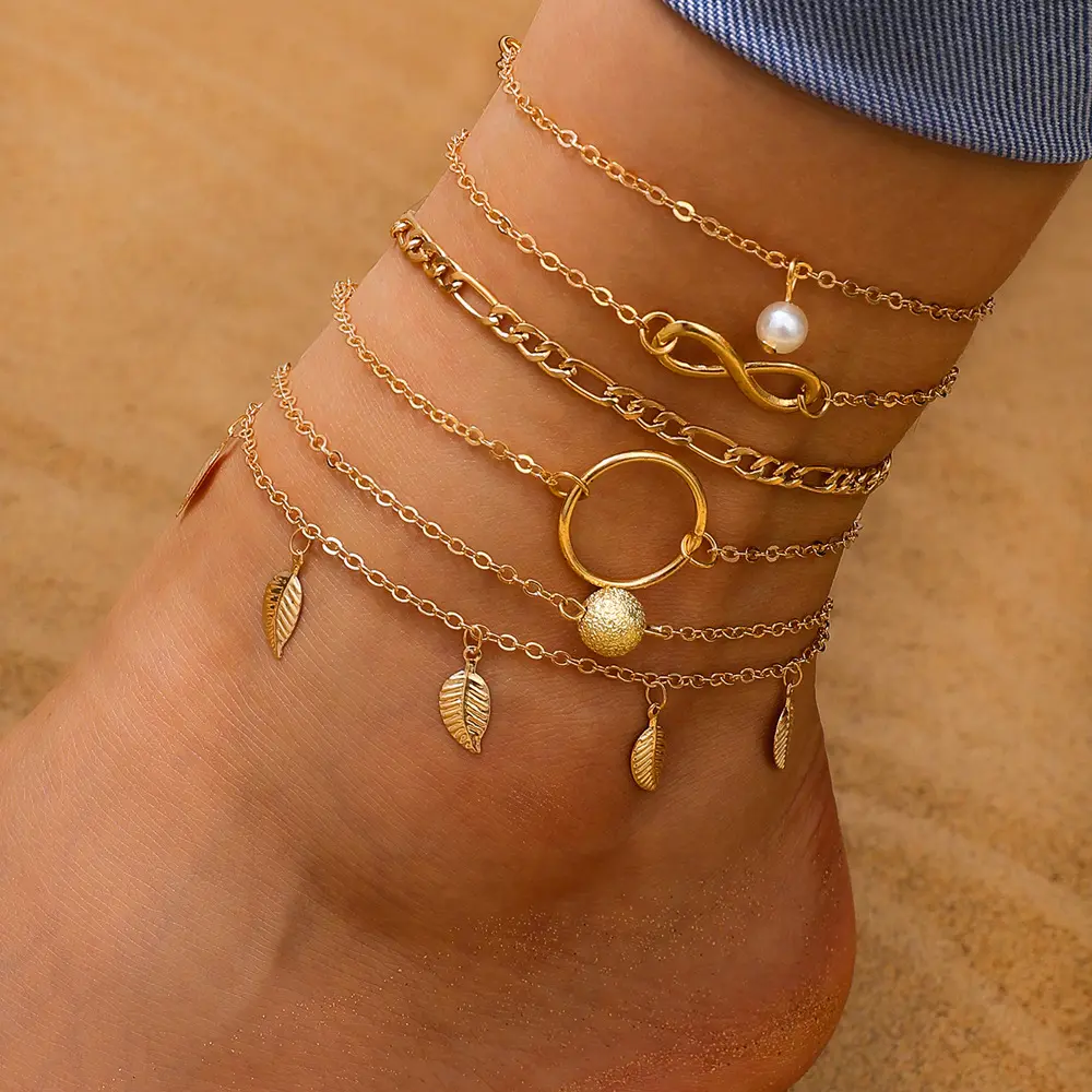5Pcs Retro Multilayer Tassel Anklet Set for Women Variety Pearls Pentagram Pineapples Geometric Feet Chain Beach Fashion Jewelry