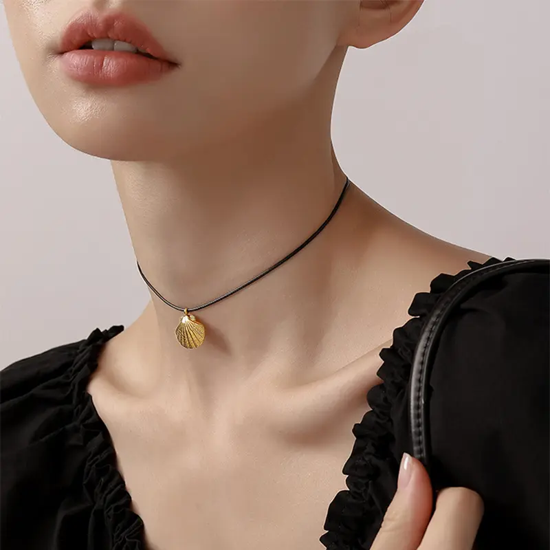 Gold Color Stainless Steel Shell Pendant Necklaces for Women Sea Snail Shell Starfish Coconut Palm Waterproof Holiday Jewelry