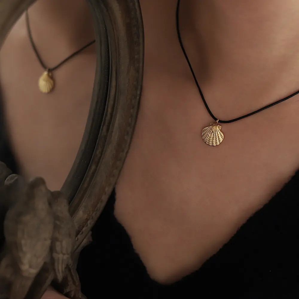 Gold Color Stainless Steel Shell Pendant Necklaces for Women Sea Snail Shell Starfish Coconut Palm Waterproof Holiday Jewelry
