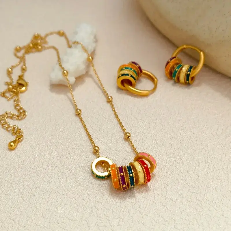 Trendy Jewelry Sweet Korean Multi Circle Colorful Pendant Necklace Earrings for Women Girl Gift Pretty Dseign Jewelry Set Gifts