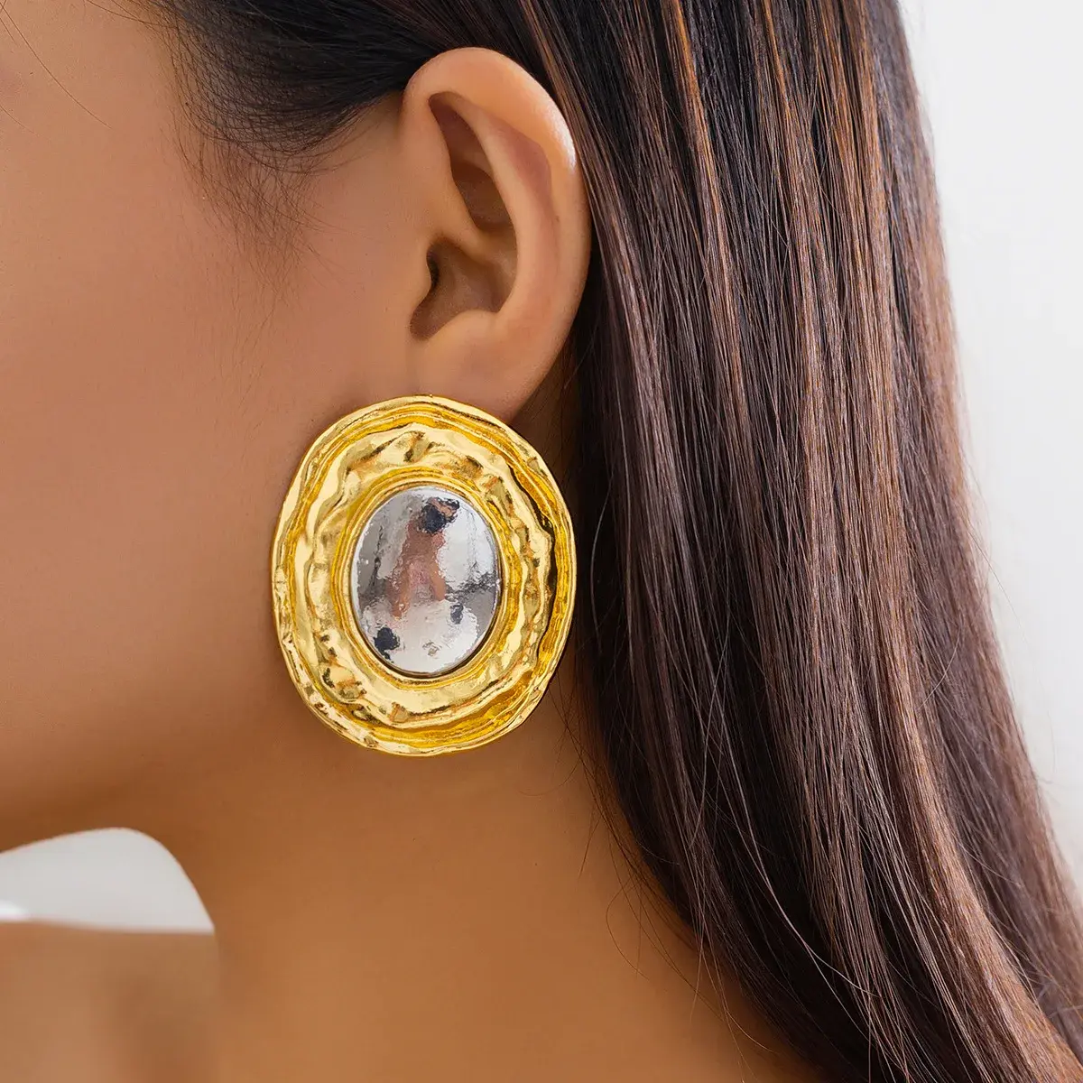 New Exaggerated Round Geometric Stud Earrings for Women Classic Vintage Gold Silver Color Large Circle Piercing Earring Jewelry