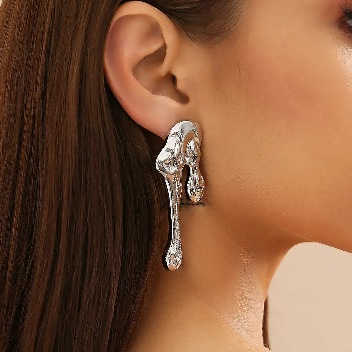 Asymmetry Unusual Big Stud Earrings for Women Statement Irregular Liquid Metal Cast Waterproof Punk Creative Trendy Jewelry Gift