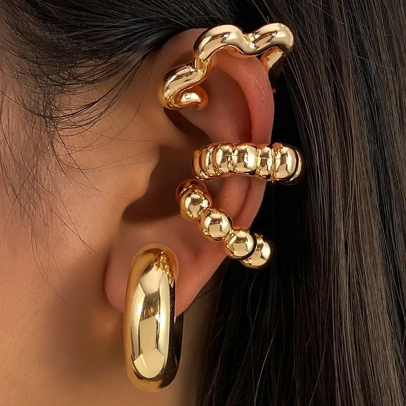 4Pc/set Vintage Geometric Clip Earring Women Trendy Punk Glossy C Shape No Piercing Fake Cartilage Ear Cuff Jewelry Accessories