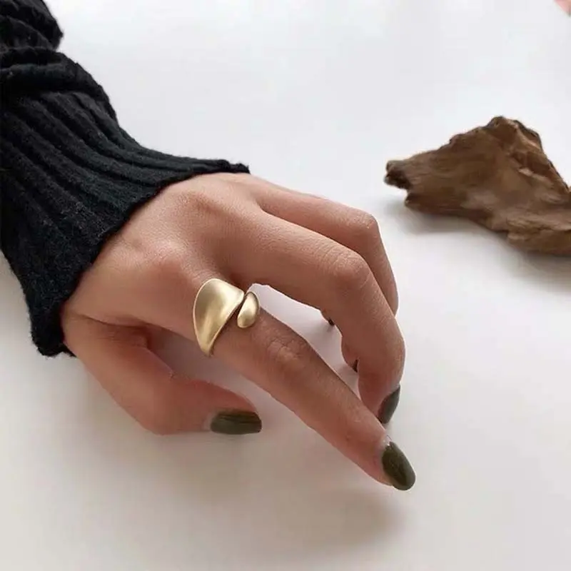 Stainless Steel Matte Gold Color Open Rings for Women Vintage Metal Irregular Geometric Adjustable Couple Rings Party Jewelry
