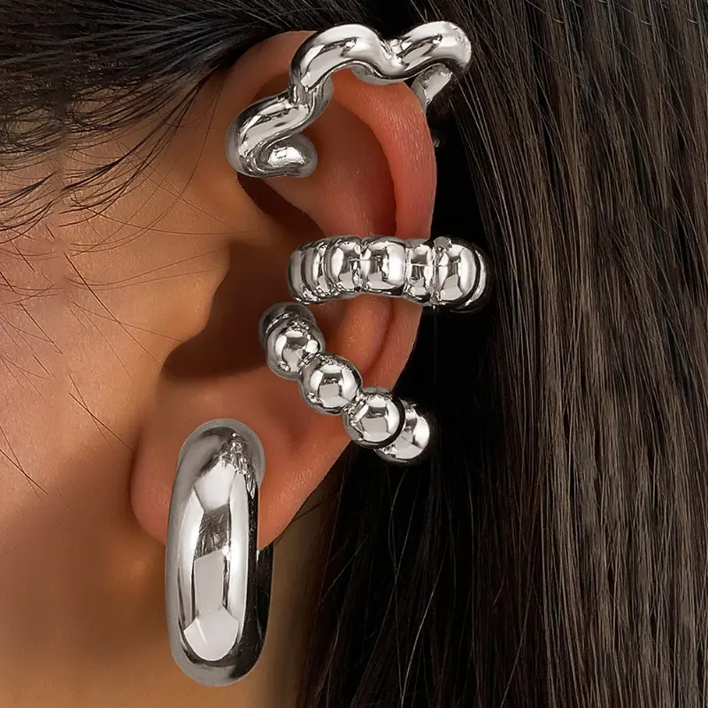 4Pc/set Vintage Geometric Clip Earring Women Trendy Punk Glossy C Shape No Piercing Fake Cartilage Ear Cuff Jewelry Accessories