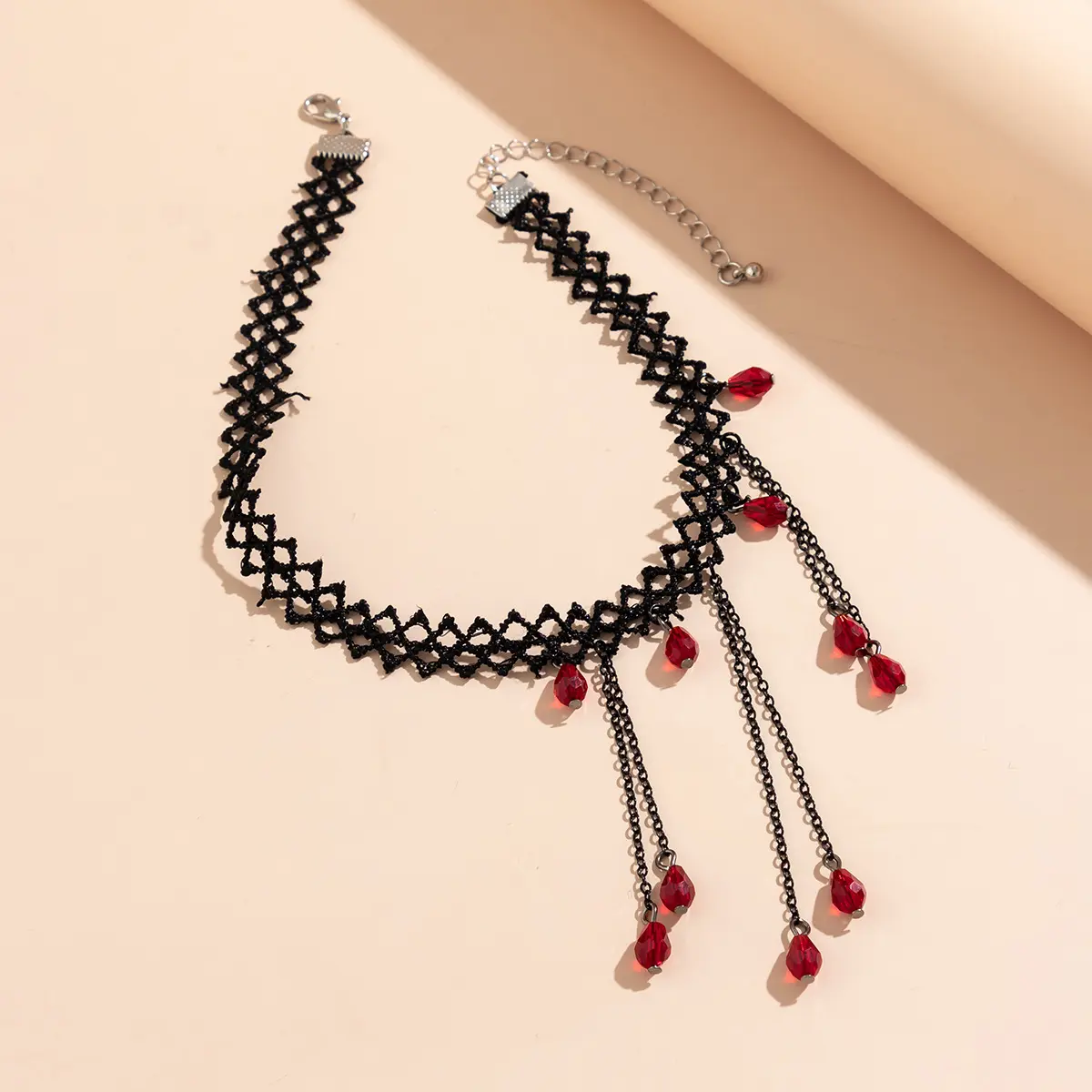 Gothic Red Blood Droplet Crystal Necklace for Women Vintage Dark Hollowed Lace Figure Tassel Chokers Accessories Fashion Jewelry