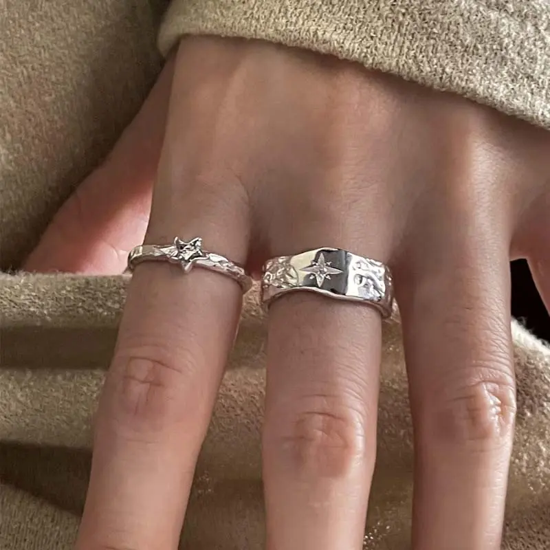 Punk Silver Color Star Open Rings for Women Men 2025 New Trendy Metal Geometric Texture Couple Rings Y2K Jewelry Accessories