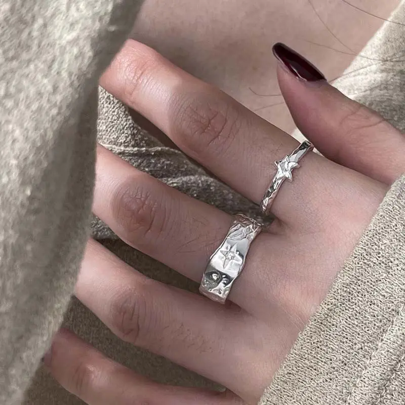 Punk Silver Color Star Open Rings for Women Men 2025 New Trendy Metal Geometric Texture Couple Rings Y2K Jewelry Accessories