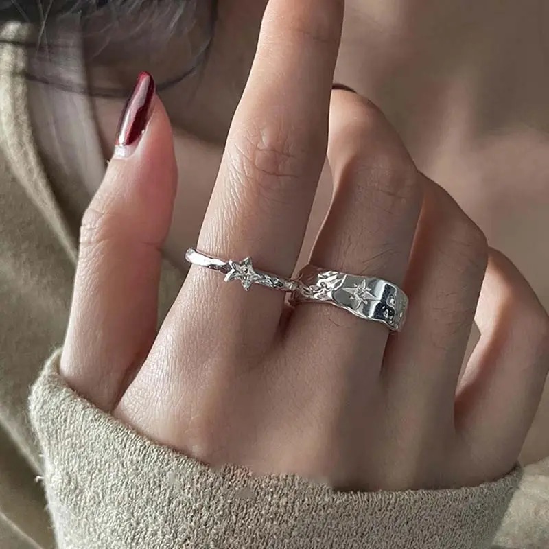 Punk Silver Color Star Open Rings for Women Men 2025 New Trendy Metal Geometric Texture Couple Rings Y2K Jewelry Accessories