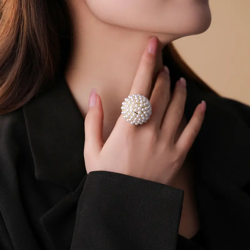 Exaggerated Metal Pearl Open Rings for Women Exquisite Gold Color Big Half Round Adjustable Finger Rings Jewelry Accessories