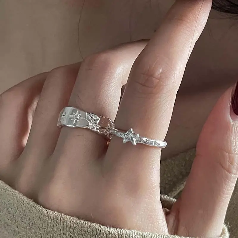Punk Silver Color Star Open Rings for Women Men 2025 New Trendy Metal Geometric Texture Couple Rings Y2K Jewelry Accessories