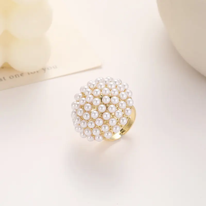 Exaggerated Metal Pearl Open Rings for Women Exquisite Gold Color Big Half Round Adjustable Finger Rings Jewelry Accessories