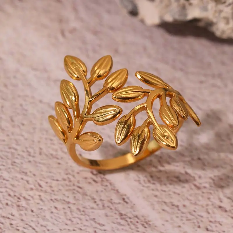 Stainless Steel Leaf Open Ring for Women Exaggerated Gold Color Irregular Adjustable Personality Finger Ring Jewelry Accessories