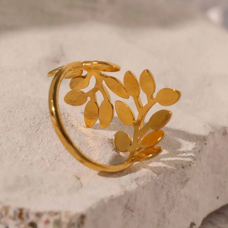 Stainless Steel Leaf Open Ring for Women Exaggerated Gold Color Irregular Adjustable Personality Finger Ring Jewelry Accessories