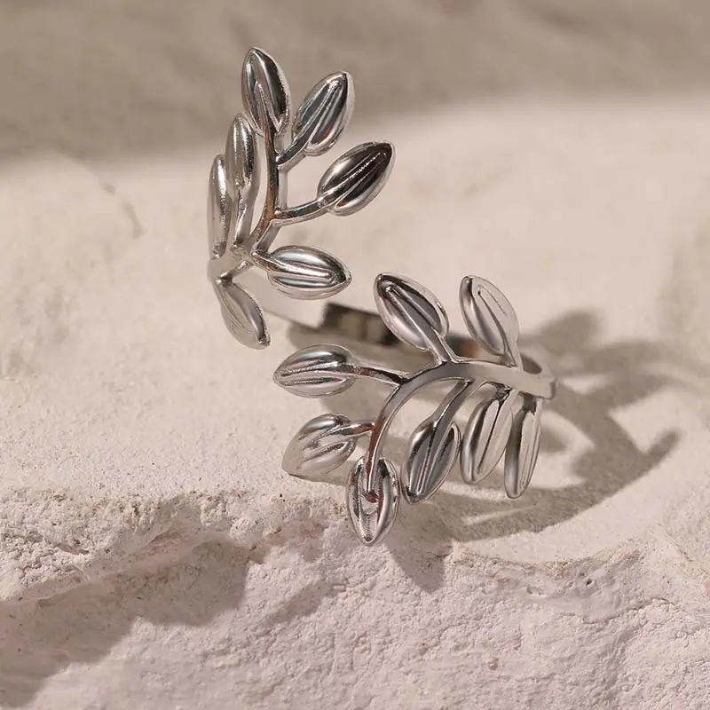 Stainless Steel Leaf Open Ring for Women Exaggerated Gold Color Irregular Adjustable Personality Finger Ring Jewelry Accessories