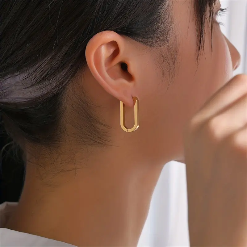 Stainless Steel Square Ear Buckle for Women Men Fashion Gold Color Smooth Geometric Statement Hoop Earrings Party Jewelry Gifts