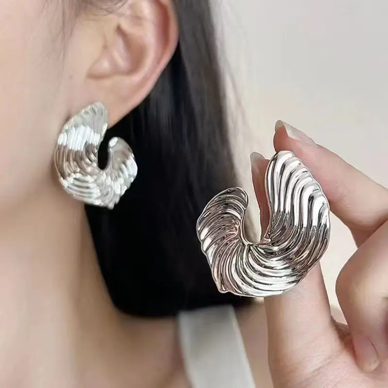 New European American Exaggerated Earrings Pleated Texture Earrings Female Niche Abstract Design High-End Geometric Sense