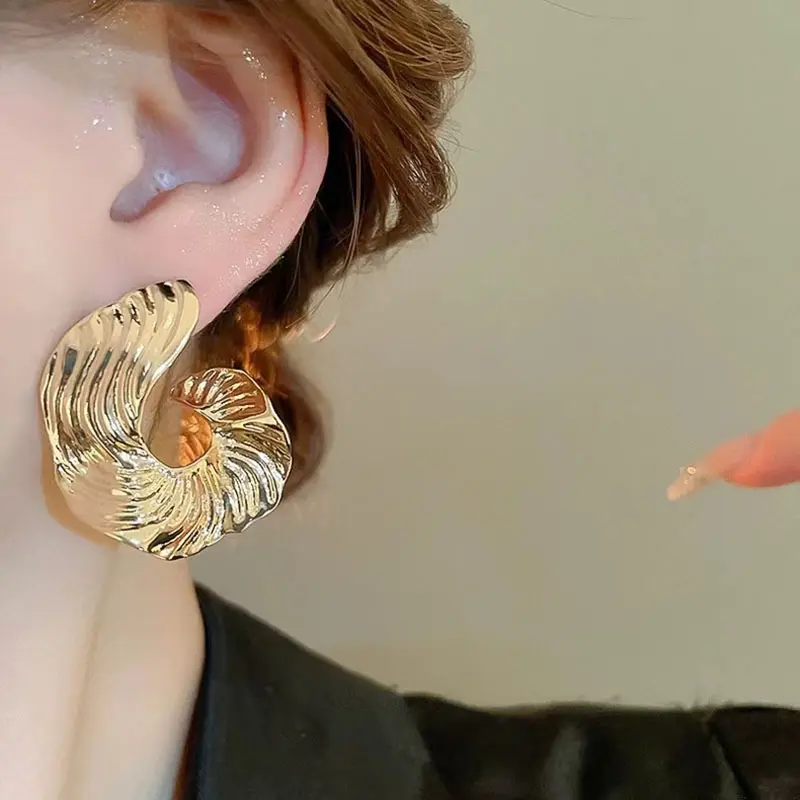 New European American Exaggerated Earrings Pleated Texture Earrings Female Niche Abstract Design High-End Geometric Sense