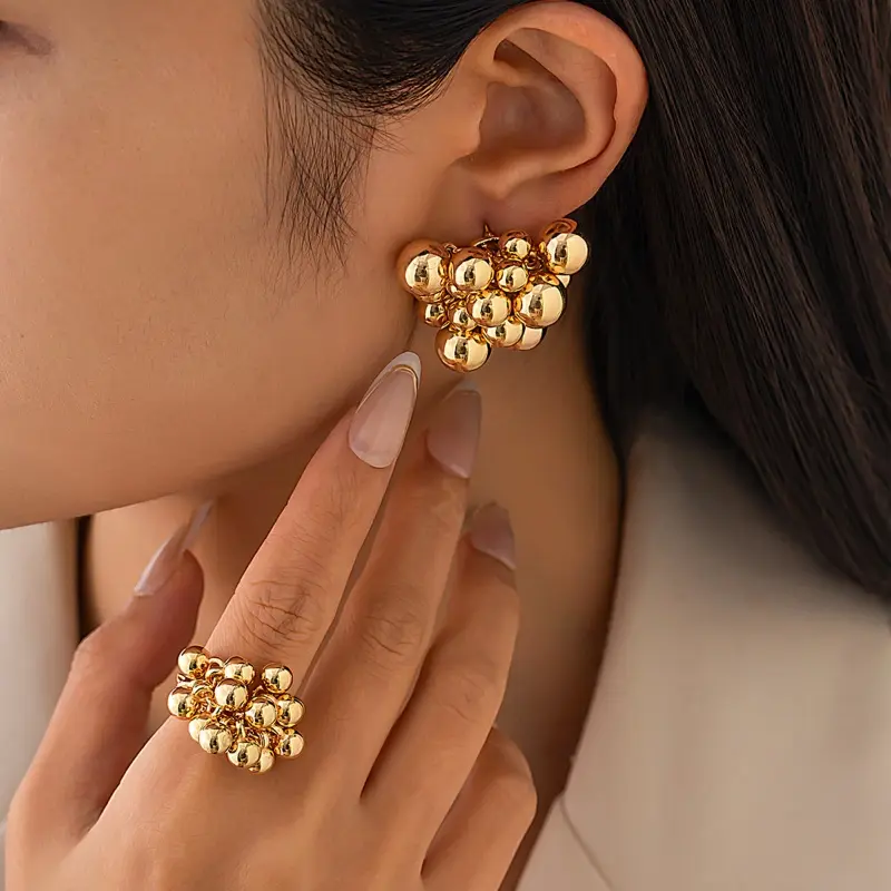 Metal Simple Ccb Small Ball Ring Stud Earring for Women Men Fashion Punk Hip Hop Metal Open Finger Ring Female Jewelry Set Gift