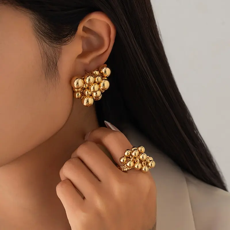 Metal Simple Ccb Small Ball Ring Stud Earring for Women Men Fashion Punk Hip Hop Metal Open Finger Ring Female Jewelry Set Gift