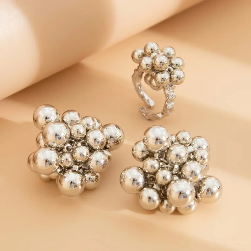 Metal Simple Ccb Small Ball Ring Stud Earring for Women Men Fashion Punk Hip Hop Metal Open Finger Ring Female Jewelry Set Gift