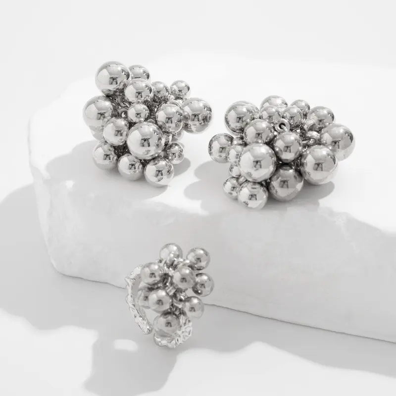 Metal Simple Ccb Small Ball Ring Stud Earring for Women Men Fashion Punk Hip Hop Metal Open Finger Ring Female Jewelry Set Gift