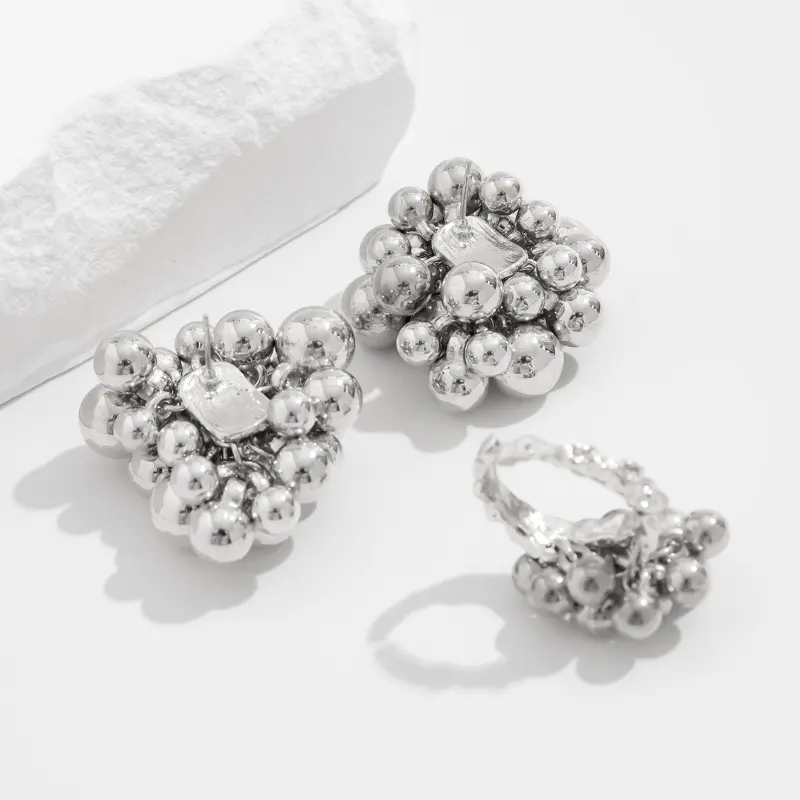 Metal Simple Ccb Small Ball Ring Stud Earring for Women Men Fashion Punk Hip Hop Metal Open Finger Ring Female Jewelry Set Gift