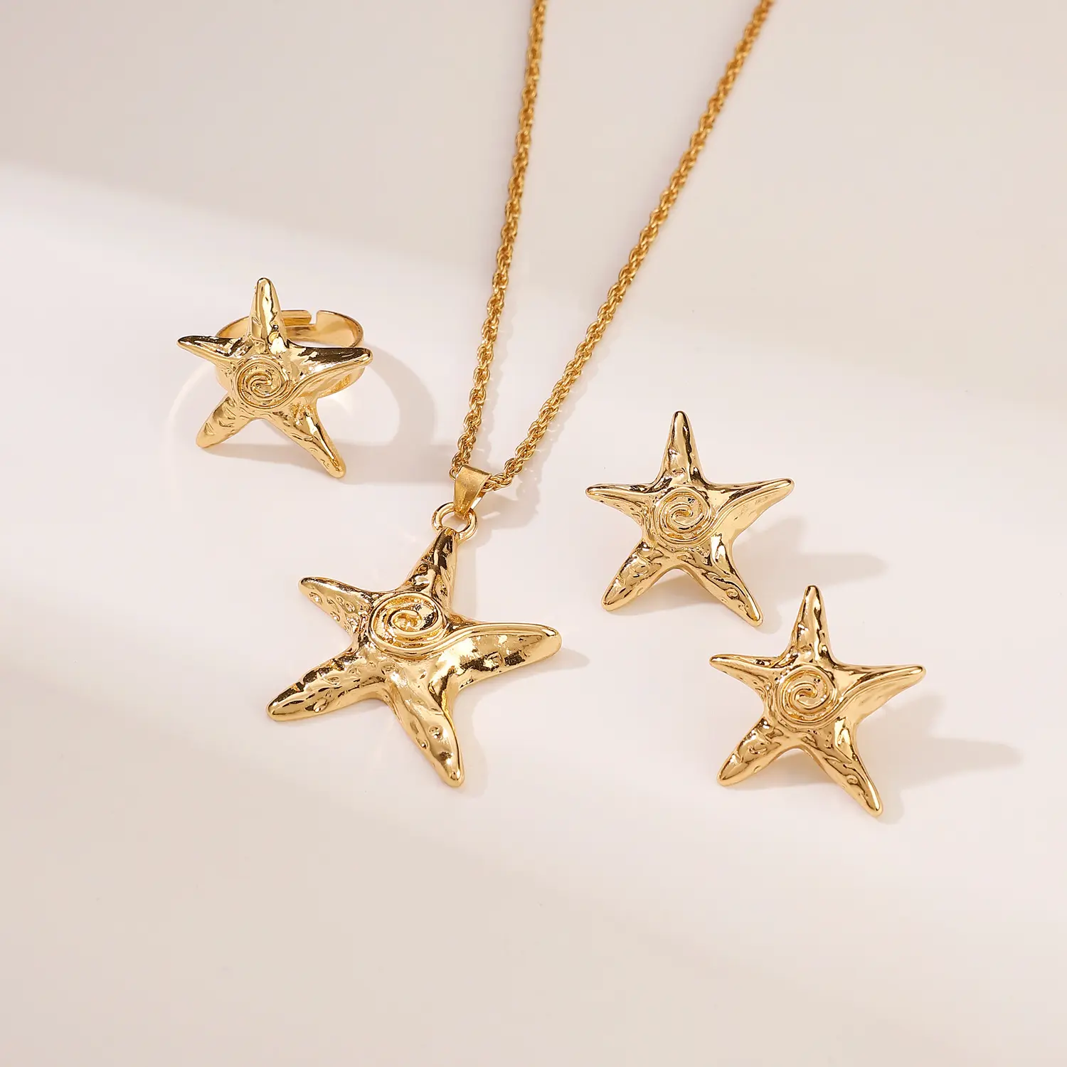 Metal Gold Color Irregular Vortex Starfish Embossed Thread Pendant Necklaces Earrings for Women Hawaiian Finger Ring Jewelry Set