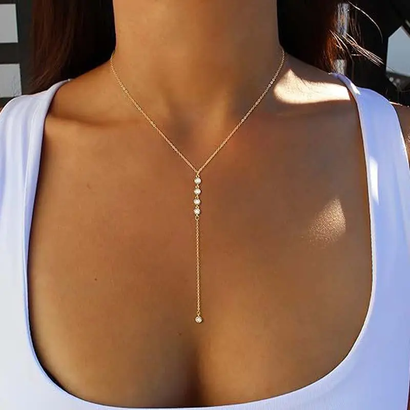 Fashion Metal Zircon Y-Shaped Necklaces for Women Simple Gold Color Shiny Crystal Temperament Tassel Necklaces Wedding Jewelry