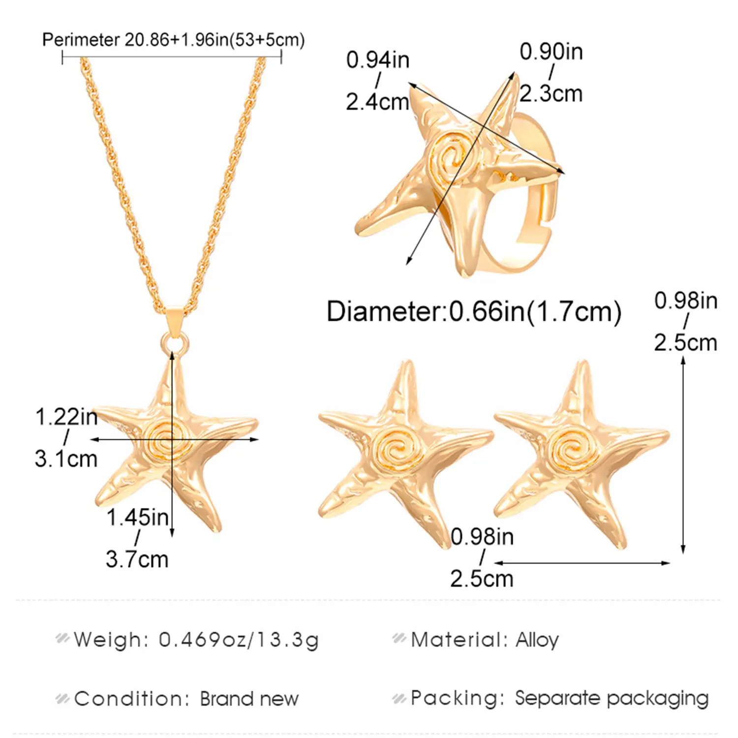 Metal Gold Color Irregular Vortex Starfish Embossed Thread Pendant Necklaces Earrings for Women Hawaiian Finger Ring Jewelry Set