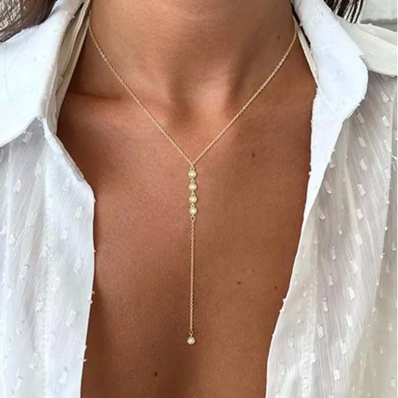 Fashion Metal Zircon Y-Shaped Necklaces for Women Simple Gold Color Shiny Crystal Temperament Tassel Necklaces Wedding Jewelry