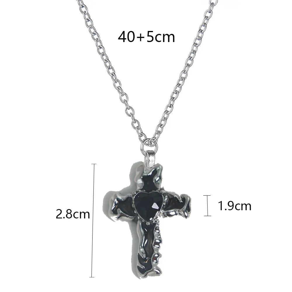 Y2K Gothic Heart Zircon Cross Necklace Black Crystal Punk New Love Cross Chain Pendant Necklace for Woman Daily Wear Jewelry