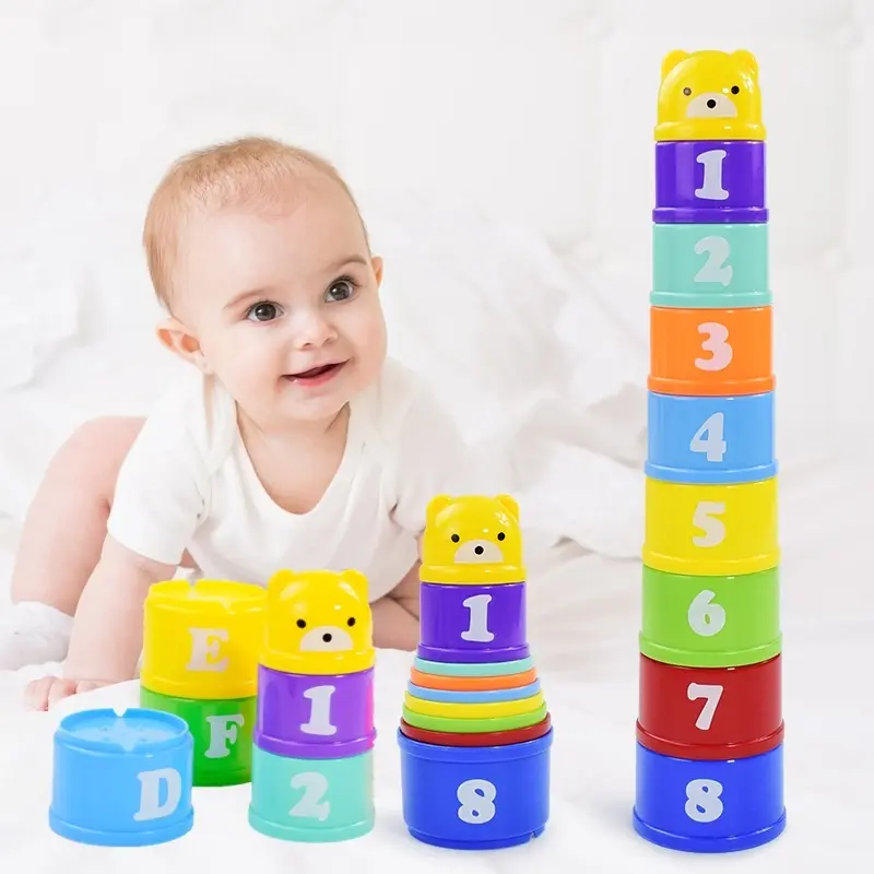 9pcs/set Kids Stack Cups Toys Early Educational Figures Letters Foldind Stack Cup Tower Baby Intelligence Training Toy Gifts