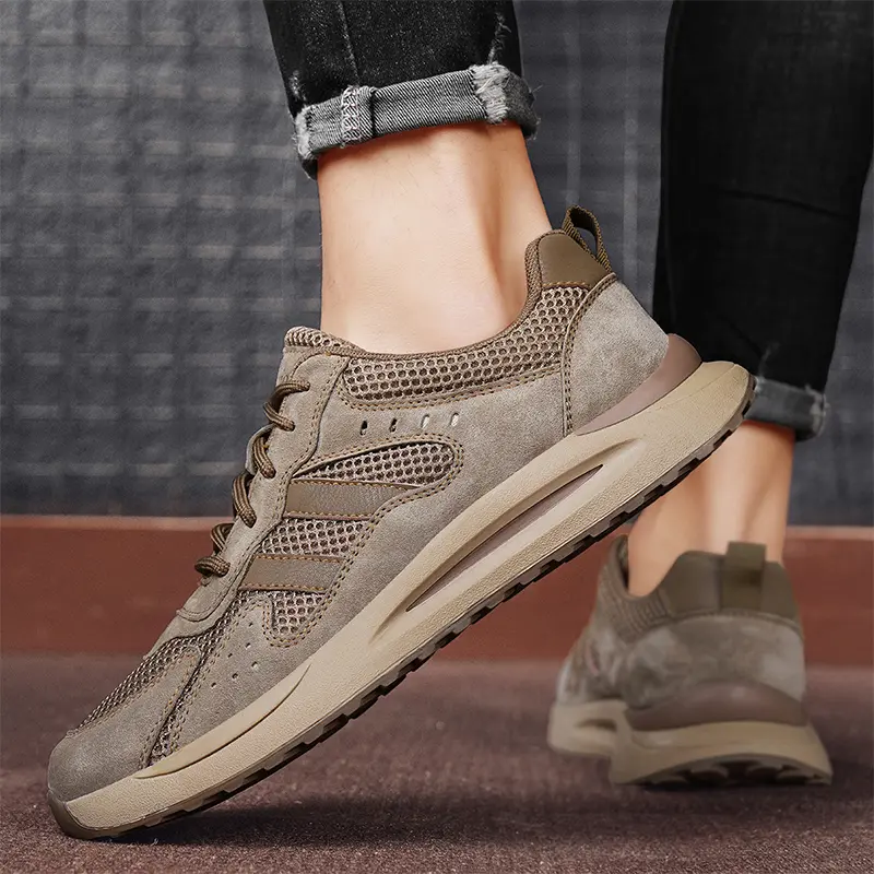 Leisure Mesh Breathable Top Layer Leather Men Sports Shoes Outdoor Mesh Hollowed Out Running Shoes Men Shoes