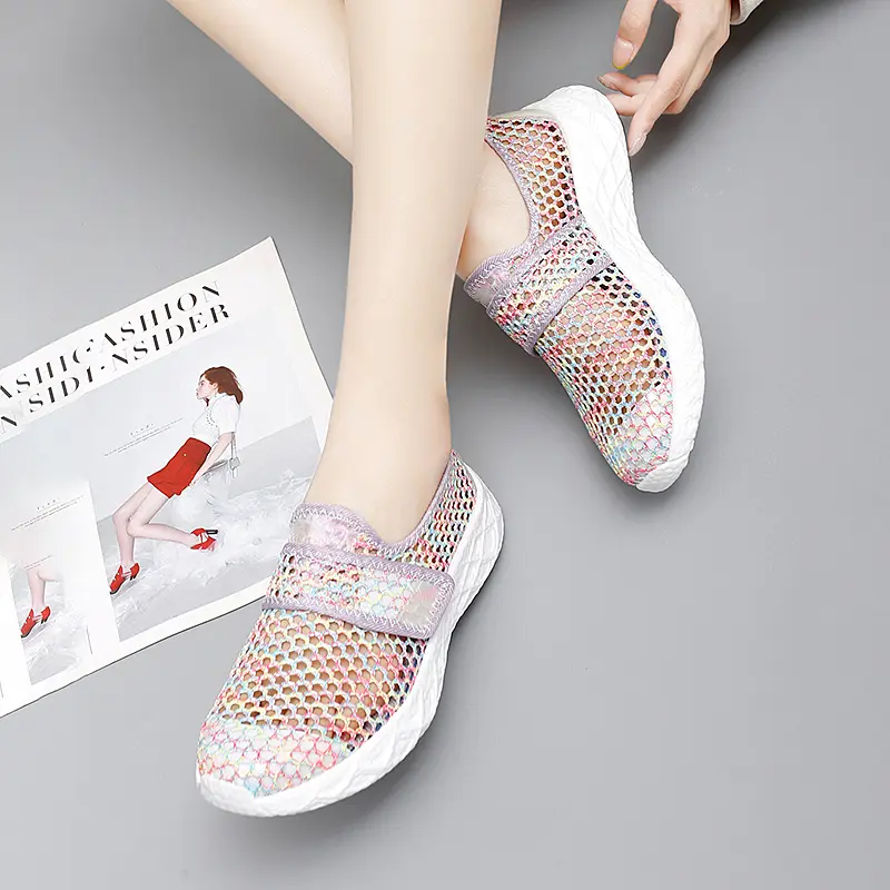 Pink Lightweight Casual Shoes Soft Sole Women Sneakers Mesh Breathable Slip On Loafers Big Size 42 Casual Shoe Flats Hollow out
