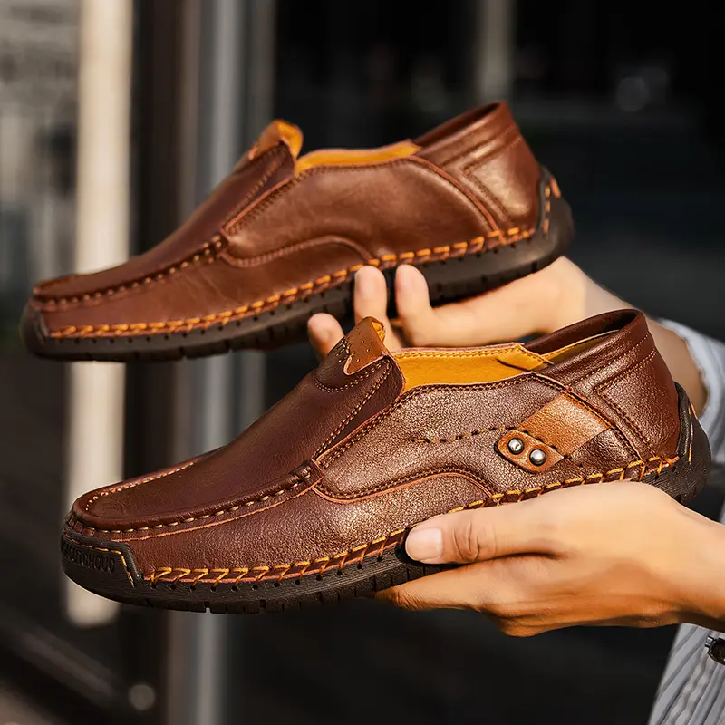 Plus Size 48 Mens Shoes Casual Fashion Retro Round Handmade Leather Shoes Breathable British Style Driving Shoes Lazy Loafers Me