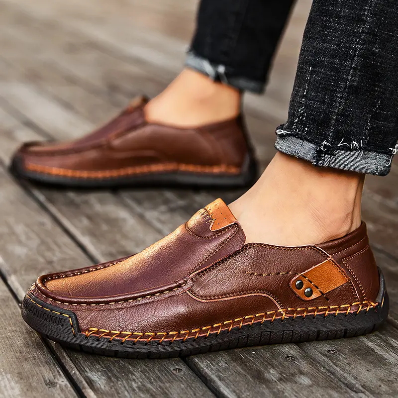 Plus Size 48 Mens Shoes Casual Fashion Retro Round Handmade Leather Shoes Breathable British Style Driving Shoes Lazy Loafers Me