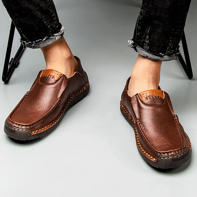 Plus Size 48 Mens Shoes Casual Fashion Retro Round Handmade Leather Shoes Breathable British Style Driving Shoes Lazy Loafers Me