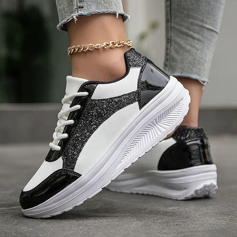 Women's Pink Sequins Sneaker Lace-up Platform Sequined Decorative Walking Rock Shoes High Top Sneakers Sneaker Casual Commuter