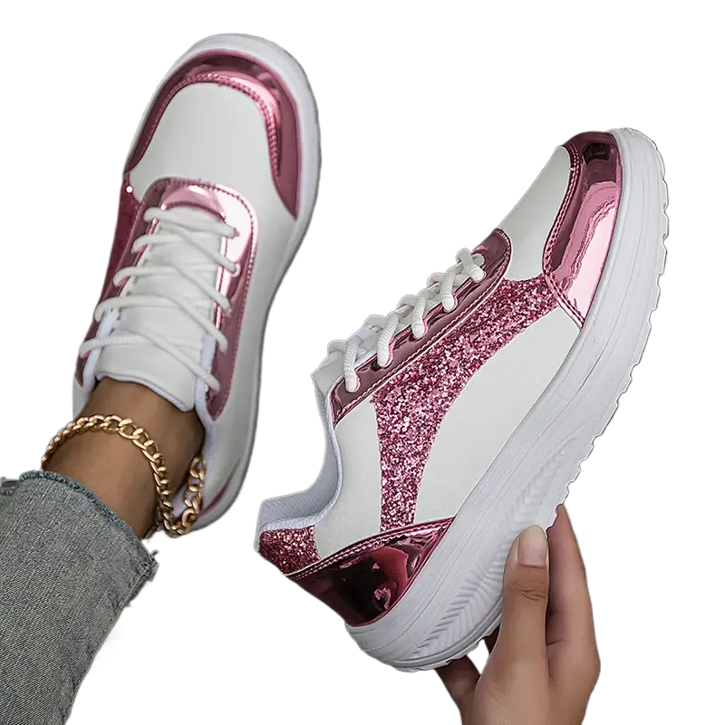 Women's Pink Sequins Sneaker Lace-up Platform Sequined Decorative Walking Rock Shoes High Top Sneakers Sneaker Casual Commuter