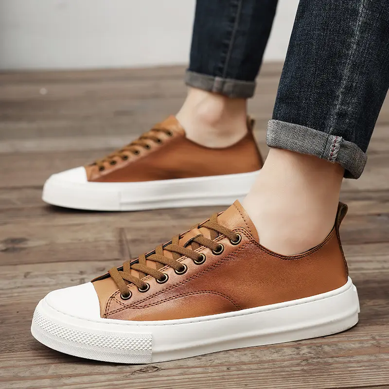 2025 New Cow Leather Casual Shoes for Men Fashion Flats Skateboarding Sneakers Man Korea Style Street Whiter Shoes Male Spring