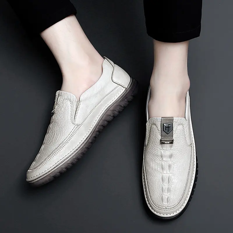 Mens Leather Loafers Non Slip Walking Flats Breathable Outdoor Slip on Casual Shoes for Male Work Office Driving Sneakers Beige