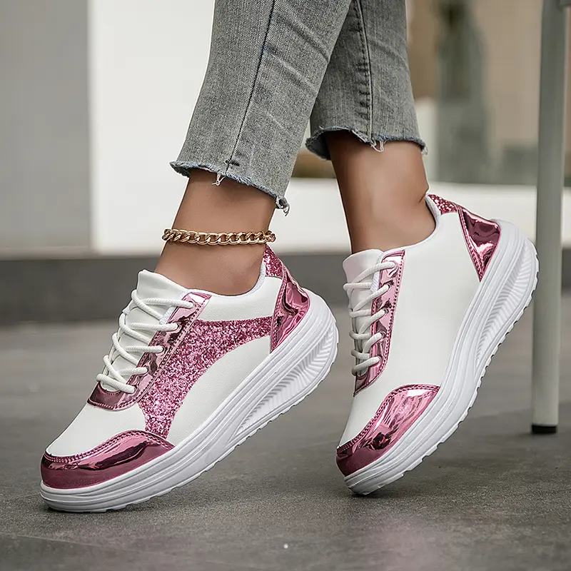 Women's Pink Sequins Sneaker Lace-up Platform Sequined Decorative Walking Rock Shoes High Top Sneakers Sneaker Casual Commuter