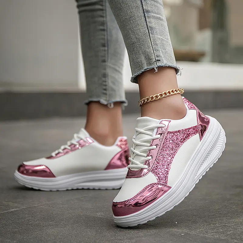 Women's Pink Sequins Sneaker Lace-up Platform Sequined Decorative Walking Rock Shoes High Top Sneakers Sneaker Casual Commuter