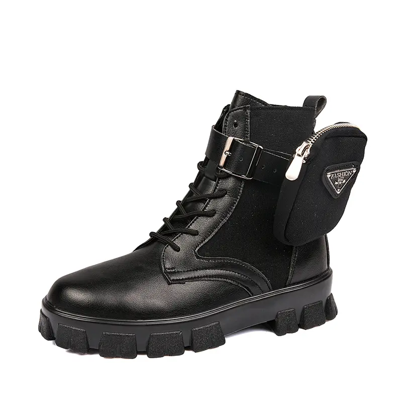 White Men Casual Boots Punk High Tops Motorcycle Ankle Boots Height Increasing Shoes Fashion British Anti Slip Pocket Buckle