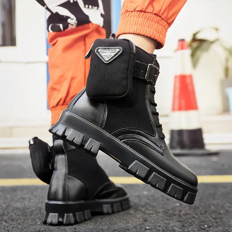 White Men Casual Boots Punk High Tops Motorcycle Ankle Boots Height Increasing Shoes Fashion British Anti Slip Pocket Buckle